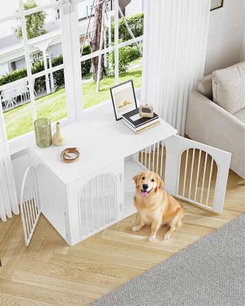 Hzuaneri Modern Dog Crate Furniture - Indoor Dog Kennel with 3 Doors & Tabletop - Durable White Dog Cage 108x64x76cm (DFC86013W)