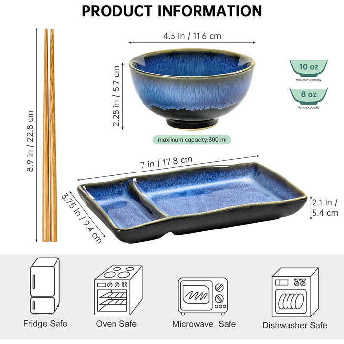 Набір посуду для суші HENXFEN: 2 тарілки, ложки, для місо-супу та ролів, зелений (морський блакитний)