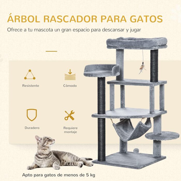 Кігтеточка PawHut для котів з тунелем, гамаком та платформами, 48x48x107 см, сіра