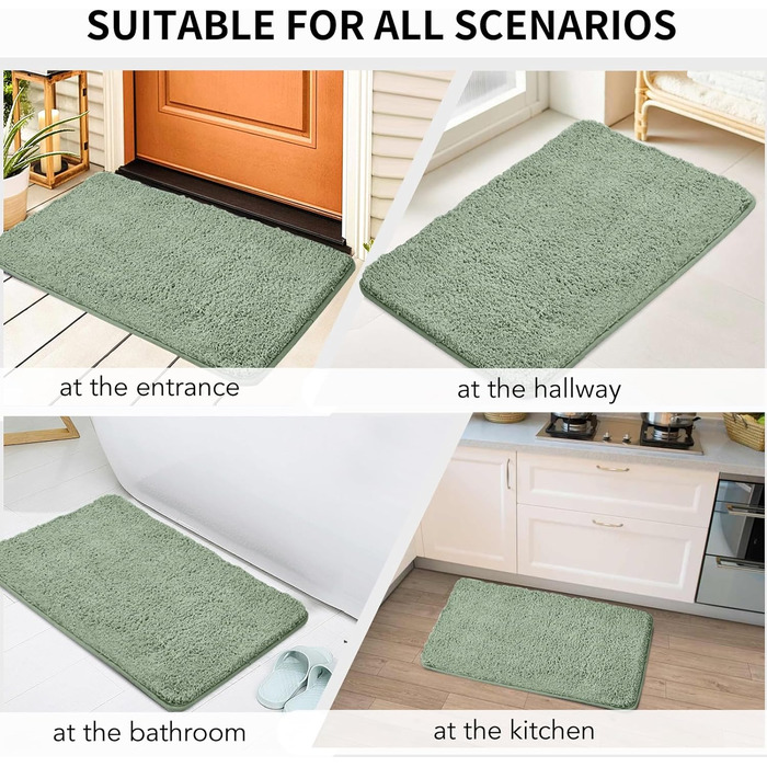 Килимок для ванної кімнати 50x80 см, антиковзаючий, м'який, швидковисихаючий, з високим ворсом, з мікрофібри, для ванни, душу та ванної кімнати (зелений) 80 x 50 см (прямокутний), зелений