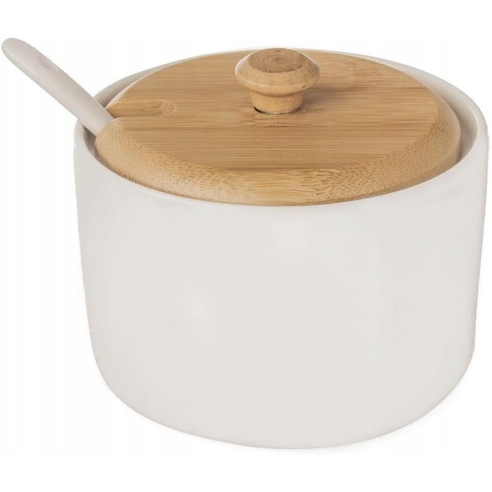 Цукорниця Orion Group з кришкою та ложкою, 6,5 см, біле порцелянове покриття та бамбукова ручка