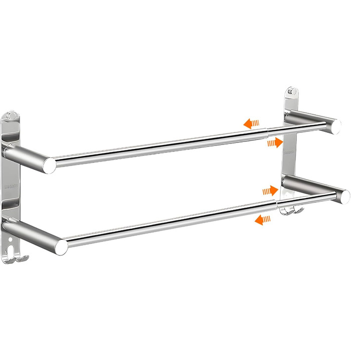 Тримач для рушників настінний з нержавіючої сталі, глянсовий, висувний, 2 стійки, 43-75 см з гачками, для ванної кімнати, монтаж на свердла або на клей - 2 способи встановлення, підходить для ванної та кухні