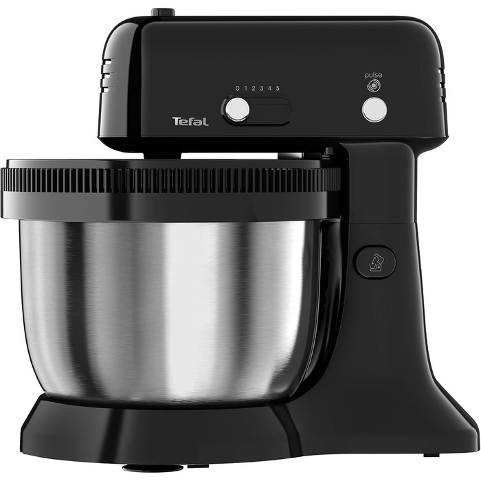 Tefal QB1108 Oh My Cake Stand Mixer | 300 Watt | Satellite Whisk | 4-Liter Stainless Steel Bowl | Compact Size | 5 Speeds | Includes 2 Whisk Beaters, 2 Dough Hooks | Black