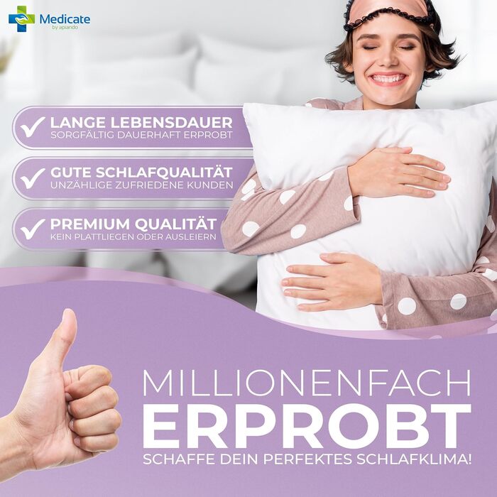 Medicate Lavender Pillow 40x80 with Down – Washable Pillow 40x80 up to 40 Degrees - Pillow for Every Sleeping Position – Down Pillow Made in Germany 40 x 80 cm