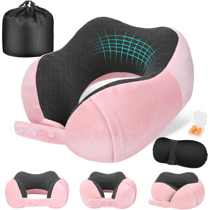 Подушка для шиї у літак, доросла, з піною з пам'яті, регульована, компактна, ергономічна, м'яка, дихаюча, з навушниками, маскою для сну, чохлом (Рожева)