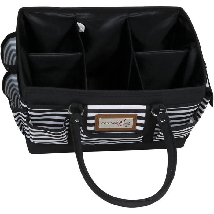 Everything Mary Blaugruner, geometric deluxe store and tote bag, organizer for crafts, sewing, paper, art, desk, canvas, accessories, storage with handles for travel (black and white stripes)