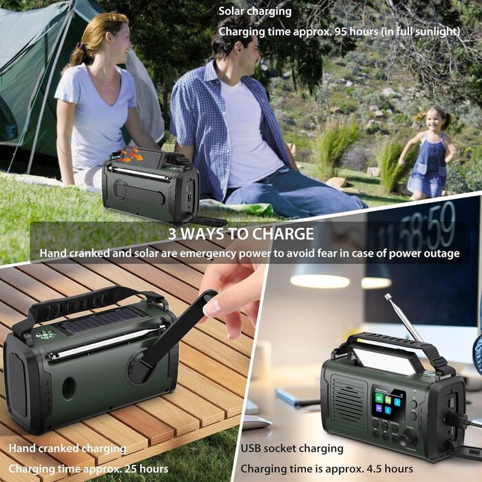 Радіо Kurbelradio на 20000mAh з Bluetooth, DAB/FM, сонячною панеллю, TF-карткою, AUX IN, TFT екраном, LED ліхтариком та SOS кнопкою (ArmyGreen)