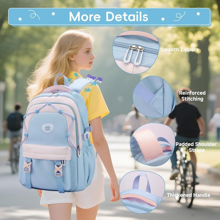 Рюкзак Tanou для школи, дівчаток-підлітків, 30L, нейлон, 3-9 клас, з тролейною петлею та брелоком (блакитний)