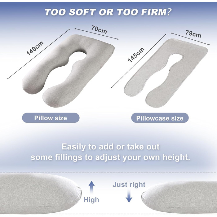 Подушка для вагітних Avmvnvc U-подібної форми, велика, для сну на боці, знімний чохол з джерсі (сірий)