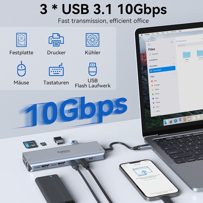 Док-станція USB-C з підтримкою 2 моніторів, 4K HDMI, DisplayPort, USB3.1, RJ45, 100W PD, кардридер, аудіо/мікрофон, для ноутбуків Dell HP (сірий)
