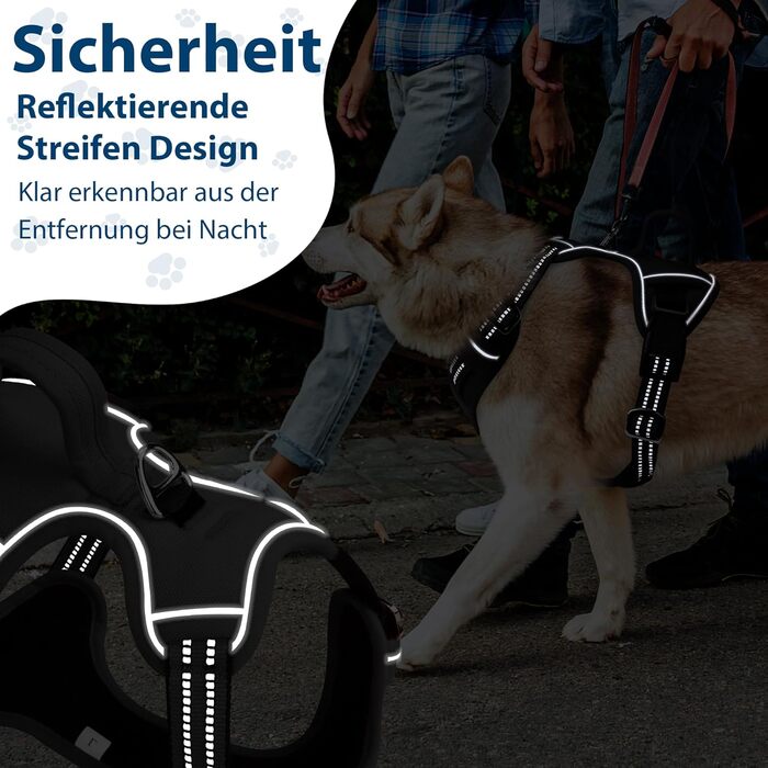 Шлейка для собак середніх розмірів Funfox, анти-тяга, з ручкою та світловідбиваючими смугами, не тягне, чорна, розмір L
