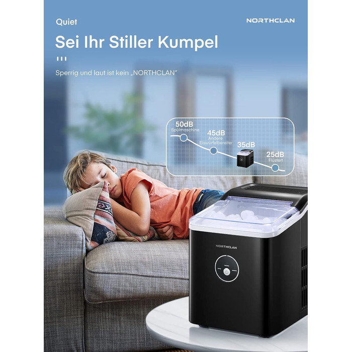NORTHCLAN Ice Maker - 14kg Daily Production, 6-Minute Cycle, Quiet Operation, 2L Water Tank, 1.5kg Storage, Infrared Sensor, Black