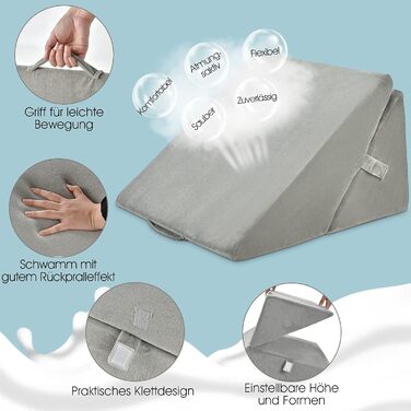 Підголовник GOPLUS для ліжка: подушка для читання, подушка для відпочинку, з піною з пам'яті, знімний чохол, подушка для ніг, подушка для спини, ергономічна з ручкою, подушка для вен, подушка для відпочинку для дивану/крісла, 54x32x50,5 см (Сірий)