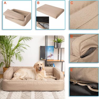 Dog bed, pet furniture, cat bed, removable cover, dog basket, dog cushion, dog lounger, sleeping places, dog sofa, Beige, XL: 96x62 cm