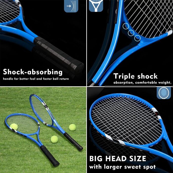 Beginner Tennis Racquet Set for 2 Players - Pre-Strung 27 Inch Adult Racquets with Balls, Overgrips & Carry Bag