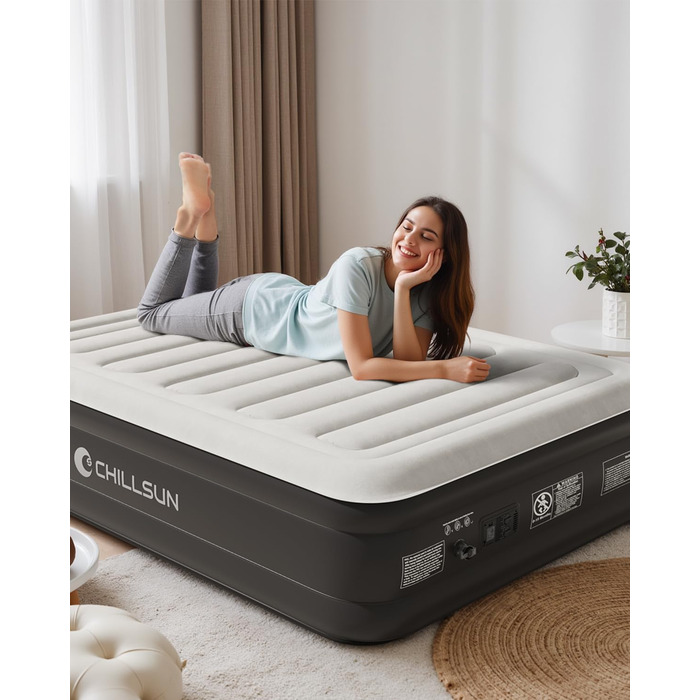 Надувна двоспальна матрац ChillSun з електричним насосом, самонадувна за 3 хвилини, з велюровою поверхнею, для дому, 191x137x46 см
