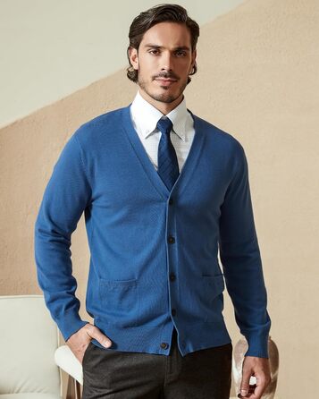 Чоловічий кардиган Kallspin з бавовни, V-подібний виріз, довгий рукав, з ґудзиками та кишенями, Casual (Синій, XXL)