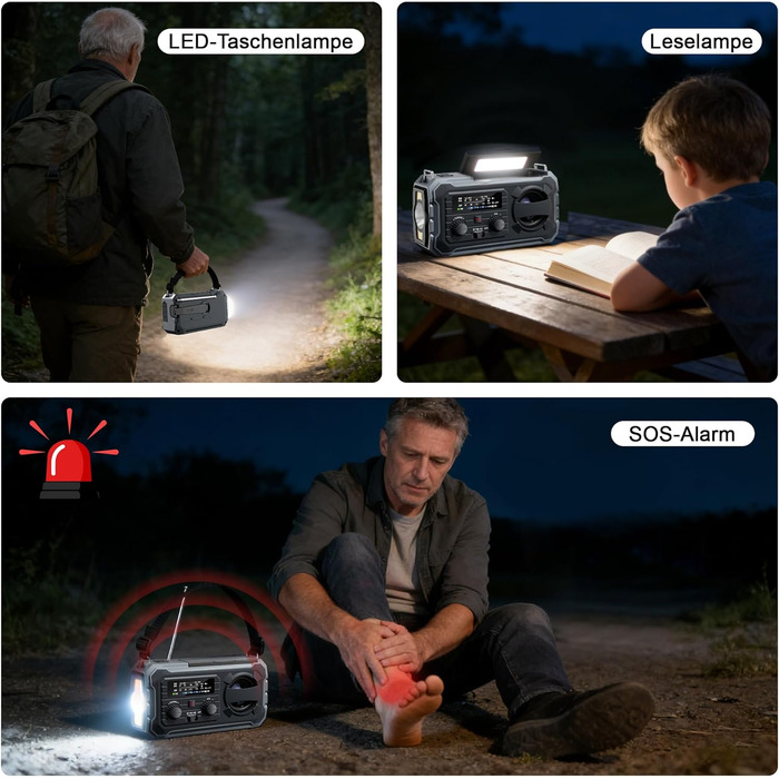 Радіо FIVAVA на сонячних батареях з ручним генератором, Powerbank 10000mAh, AM/FM, SOS-сигналізація, LED-ліхтарик для кемпінгу та надзвичайних ситуацій (Чорний)