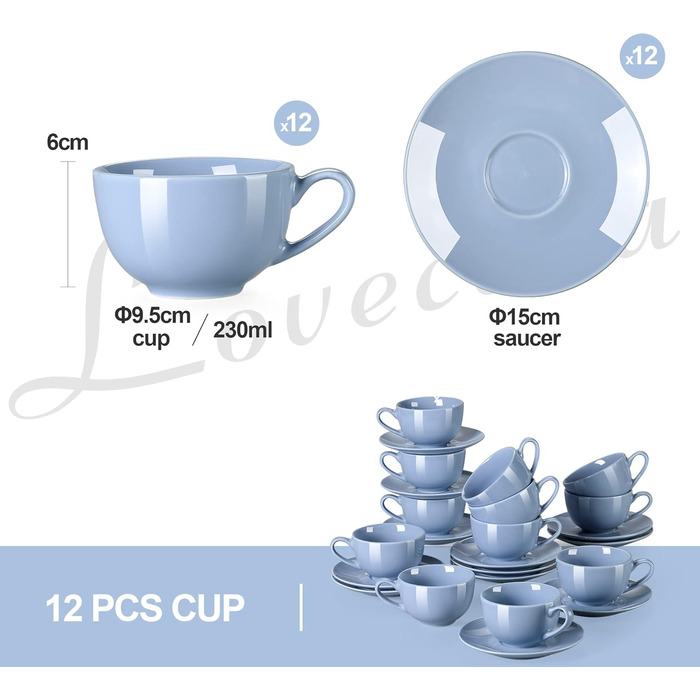 Набір кавових чашок Lovelasa Sweet 12 шт. з блюдцями, 230 мл, білий, для 6 осіб