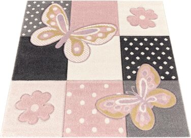 Paco Home Kids Rug, Children's Room, Colorful, Pink Butterflies, Checkered, Dots, Flowers, Size: 240x340 cm (Rectangular)