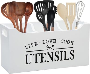 Karisky Kitchen Utensil Holder with Drainage Bottom, Large 3-Compartment Solid Real Wood Utensil Organizer for Countertops, Cooking Tools for Farmhouses for Countertops (White)