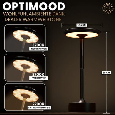 Настільна світлодіодна лампа ELYSIA LED акумуляторна, димована, бездротова, з сенсорним керуванням (IP54), тепле світло (2200K-2700K-3200K), USB-C, алюмінієва, чорна