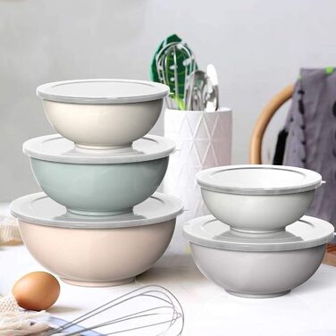 Mixing Bowl Set of 6, Plastic Cereal Bowl with Lid, Bowl with Lid, Includes 2 Forks & 4 Measuring Spoons, BPA-Free & Stackable, Ideal for Mixing and Serving (Khaki, 18)