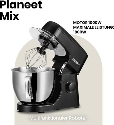 Кухонна машина ZEEGMA 2200W з чашею 6.5л з нержавіючої сталі, 7 швидкостей, планетарний міксер, для тіста та замішування