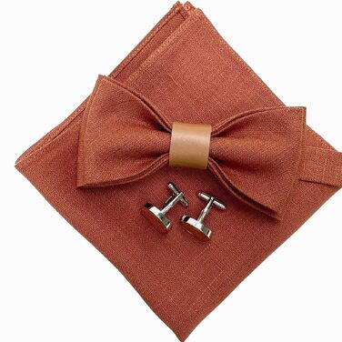 Набір аксесуарів чоловічих Leinen: краватка-метелик зі шкіри, підтяжки зі шкіри, нагрудна хустка, запонки (Темно-помаранчевий)