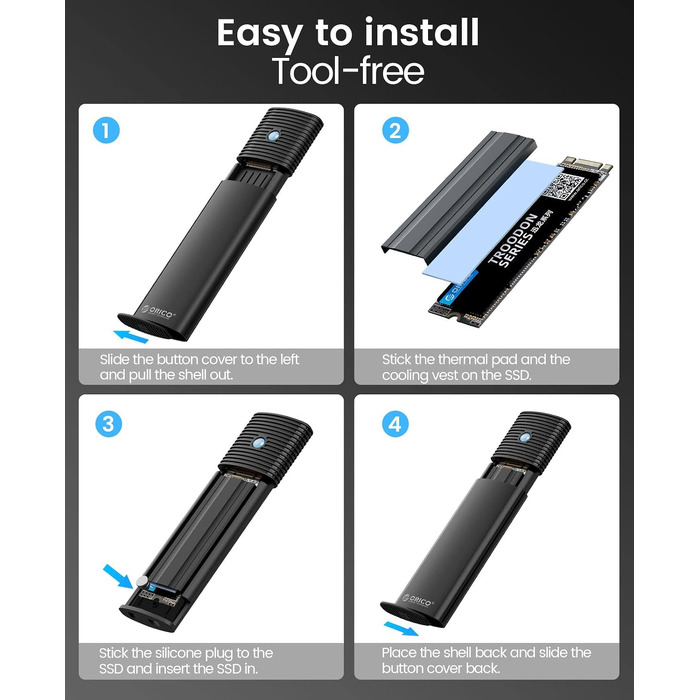 Зовнішній корпус-адаптер ORICO для M.2 NVMe та SATA SSD, USB 3.2 Gen 2 10Gbps, PCIe/NGFF B+M Key (2230/2242/2260/2280), алюмінієвий, без інструментів, PWDM2-BK, чорний