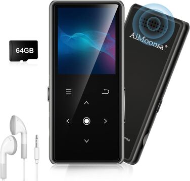 MP3-плеєр AiMoonsa 64GB з Bluetooth 5.2, FM-радіо, HiFi-звук, E-Book, вбудований HD-динамік та функцією запису голосу, чорний