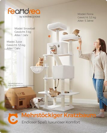 Драбина для котів Feandrea, 206 см, XXL, з 13 стовпчиками для дряпання, 2 платформами, 2 хованками, кошиком, помпонами, багатоярусна, кремово-біла, для дому (60 x 50 x 206 см)