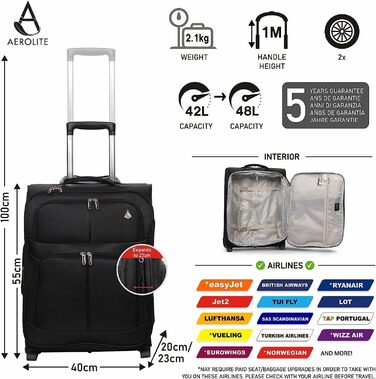 Розширюваний ручний багаж Aerolite 55x40x20/23 см - Сумісний з Lufthansa, Eurowings, Condor, SunExpress, TUI та іншими авіакомпаніями