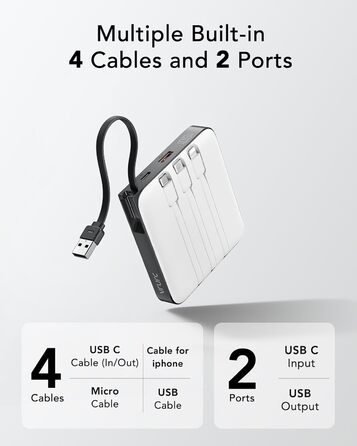 Power Bank VRURC 20000mAh з кабелем USB-C 22.5W QC3.0 – портативний акумулятор для iPhone, Huawei та смартфонів (білий)