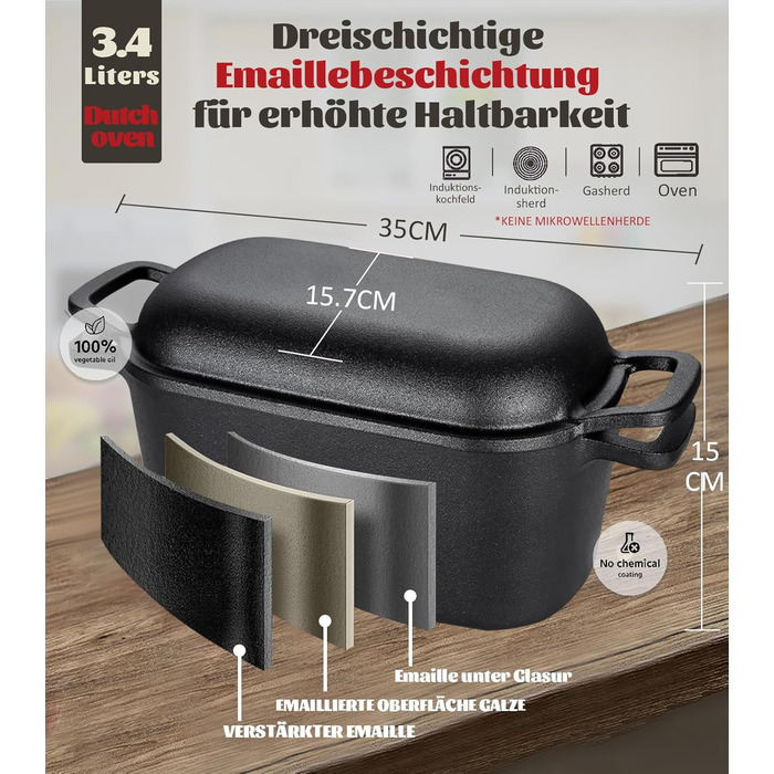 Чавунна форма для випічки хліба з кришкою та кошиком для бродіння – Dutch Oven 4.6л для хліба на заквасці – комплект для випікання, тушкування та смаження – для індукції та духовки