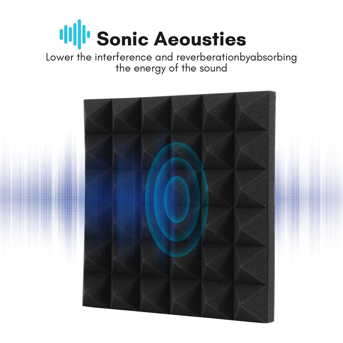 Акустичний поролон самоклейний Sonnewelt, 24 шт. (5x30x30 см), 3D пірамідні панелі для звукоізоляції та поглинання ехо в студію, офіс, чорний