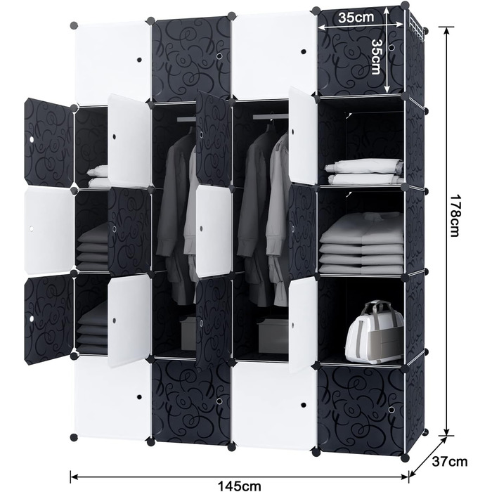 XMTECH DIY Closet System Wardrobe with Door, Shelf Closet, Coat Rack, Shoe Rack made of Plastic (10 Box Closet) (20 Hook Closet)