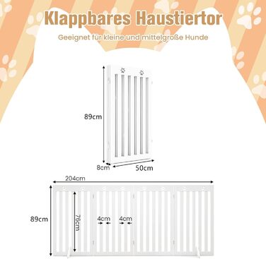 Захисний забір для собак COSTWAY 89 см, дерев'яне огорожа, дитяче ворота, розкладні, гнучкий захист, 4 панелі (білий)