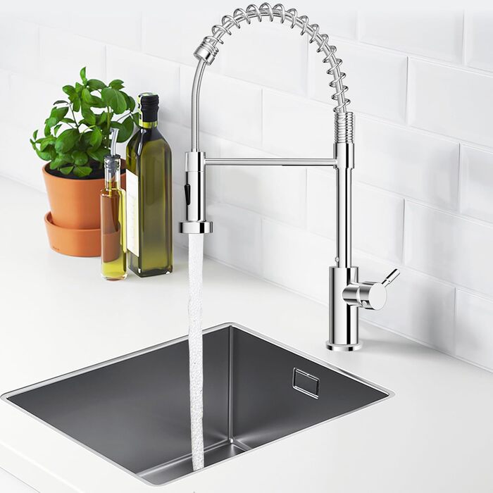 Кухонний змішувач з висувною лійкою, 360° поворот, 2 режими струменя, нержавіюча сталь, хром