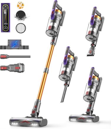 Бездротовий акумуляторний пилосос CHEBIO 580W з LED-дисплеєм, антизаплутувальною насадкою та потужністю 48000Pa. Підходить для прибирання підлоги, килима та шерсті тварин.