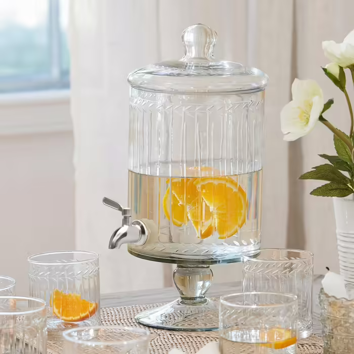 LOBERON Beverage Dispenser Makiya | Glass Carafe with Tap | Artful Glass Cutting | Made of Mouth-Blown Glass | Capacity 3 Liters, clear