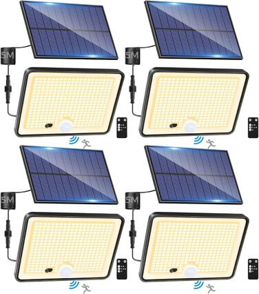 LOTMOS 2 Pack Solar Lights for Outdoor with Motion Sensor, 342 LED Outdoor Light Solar IP65 Waterproof Solar Spotlight 3 Modes with Remote Control, Solar Lamp Outdoor for Garden Garage Exterior (Warm White, 4 Pack)