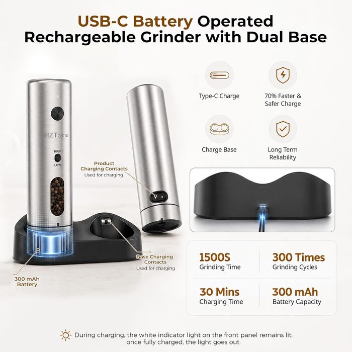 Електричний набір млинків для солі та перцю з USB-C зарядкою, 6 рівнів помолу, сріблясто-чорний