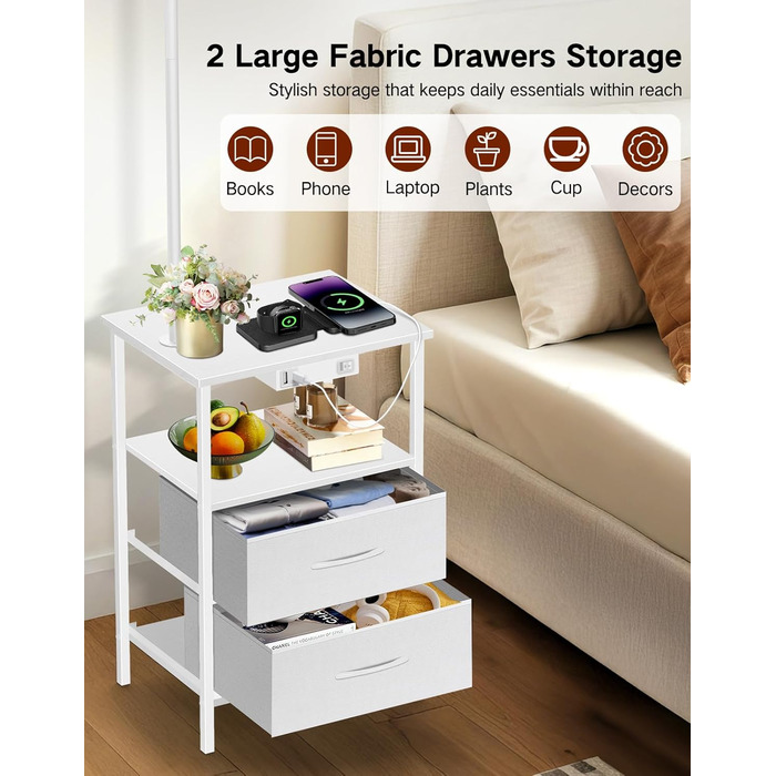 Стійка лампа для вітальні з поличкою та столиком, диммування LED, пульт керування, 3 колірні температури, приліжний столик з підзарядкою, дерев'яний столик для спальні/офісу (білий з шухлядами)