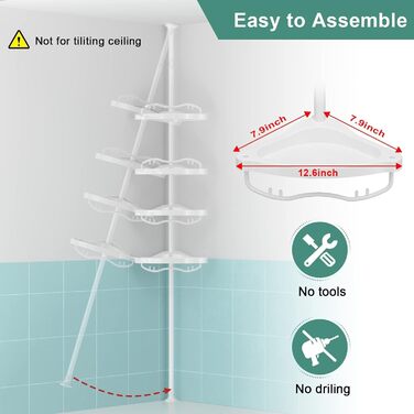 Shower Shelf No Drilling, 137-289cm 4-Tier Adjustable Telescopic Corner Shower Shelf, Shampoo Holder for Shower and Bathtub, Bathroom Kitchen Corner Shelf/White