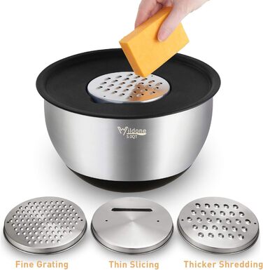 Mixing Bowls 5-Piece Set, Wildone Stainless Steel with Airtight Lids, 3 Grater Attachments, Measuring Markings, and Non-Slip Bottoms, Sizes 5, 3, 2, 1.5, 0.63 QT, ideal for mixing and serving