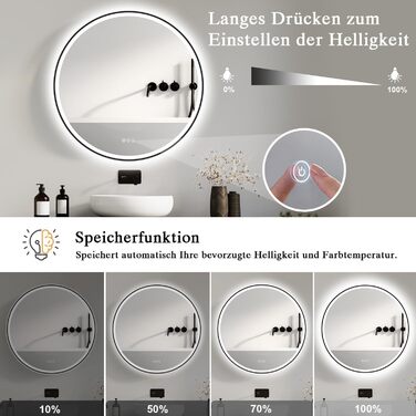 Дзеркало для ванної кімнати з підсвічуванням LED, антизапар, сенсорне керування, регулювання яскравості, 3 кольори світла, функція пам'яті, захист від вибуху, кругле дзеркало 50см (металевий каркас+bluetooth)