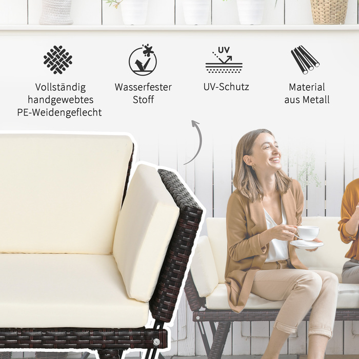 Розкладне садове софа Outsunny з ротангу Polyrattan на 2 особи, садові меблі, садове софа для відпочинку з підлокітниками, сталь, коричневий, 129x63x67 см для тераси та балкону.