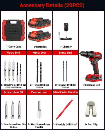 Акумуляторний шуруповерт BETENST 21V з 2 акумуляторами 2.0Ah, 42Nm, 25 моментів, 2 швидкості, LED-ліхтик, 30-ти елементний набір для дому та саду, DIY проєкти
