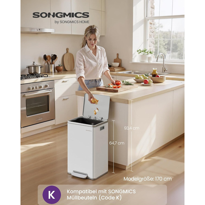 Відро для сміття SONGMICS 50 л, нержавіюча сталь, знімний внутрішній відро, Soft-Close, білий (LTB595E01)